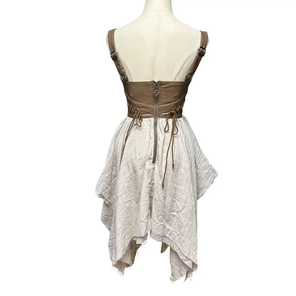 Dolls Kill XXS Darker Wavs Handkerchief Dress Brown Vegan Leather Asymmetrical - Picture 2 of 6